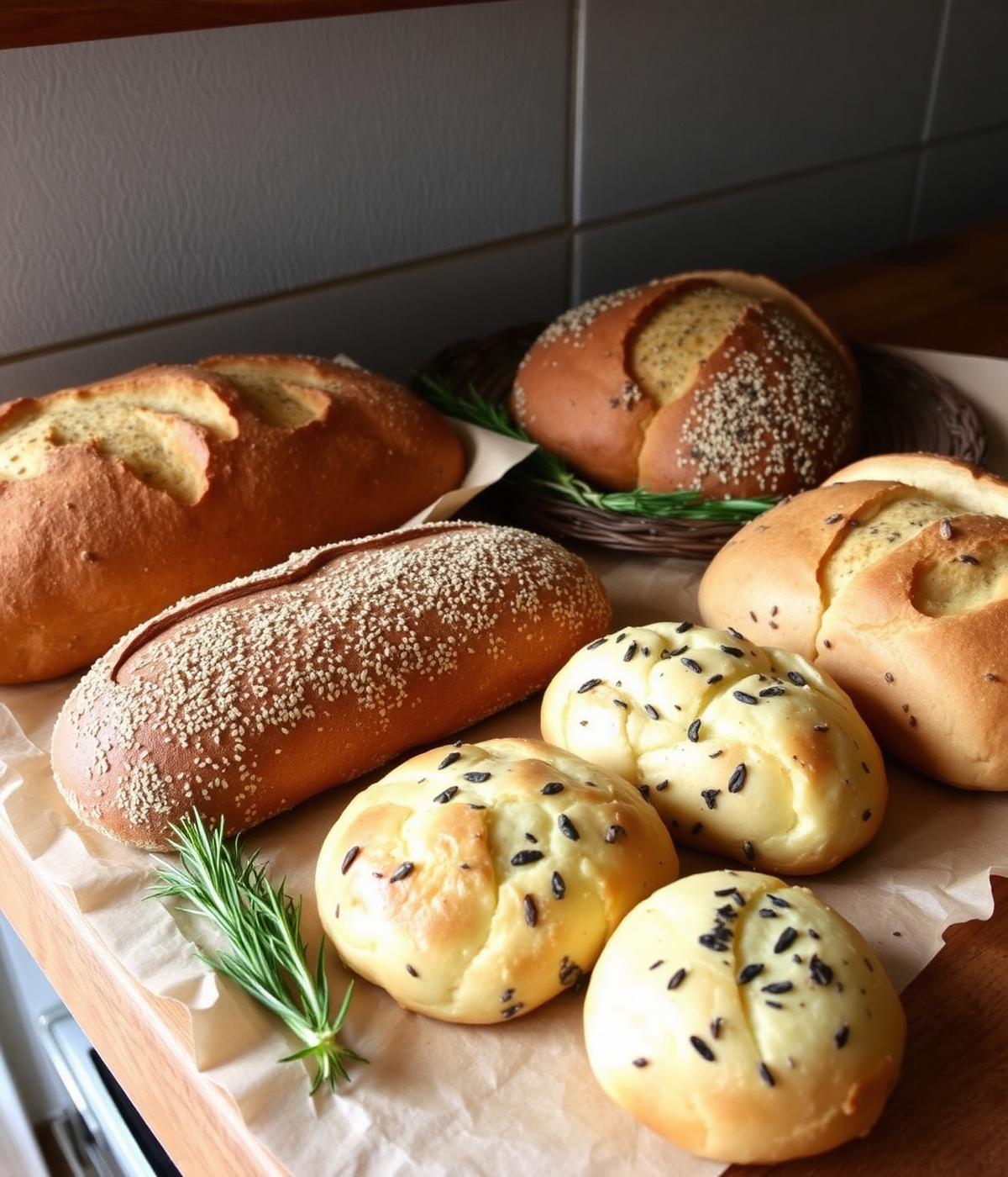 Assorted rustic sourdough loaves and rolls dusted with seeds