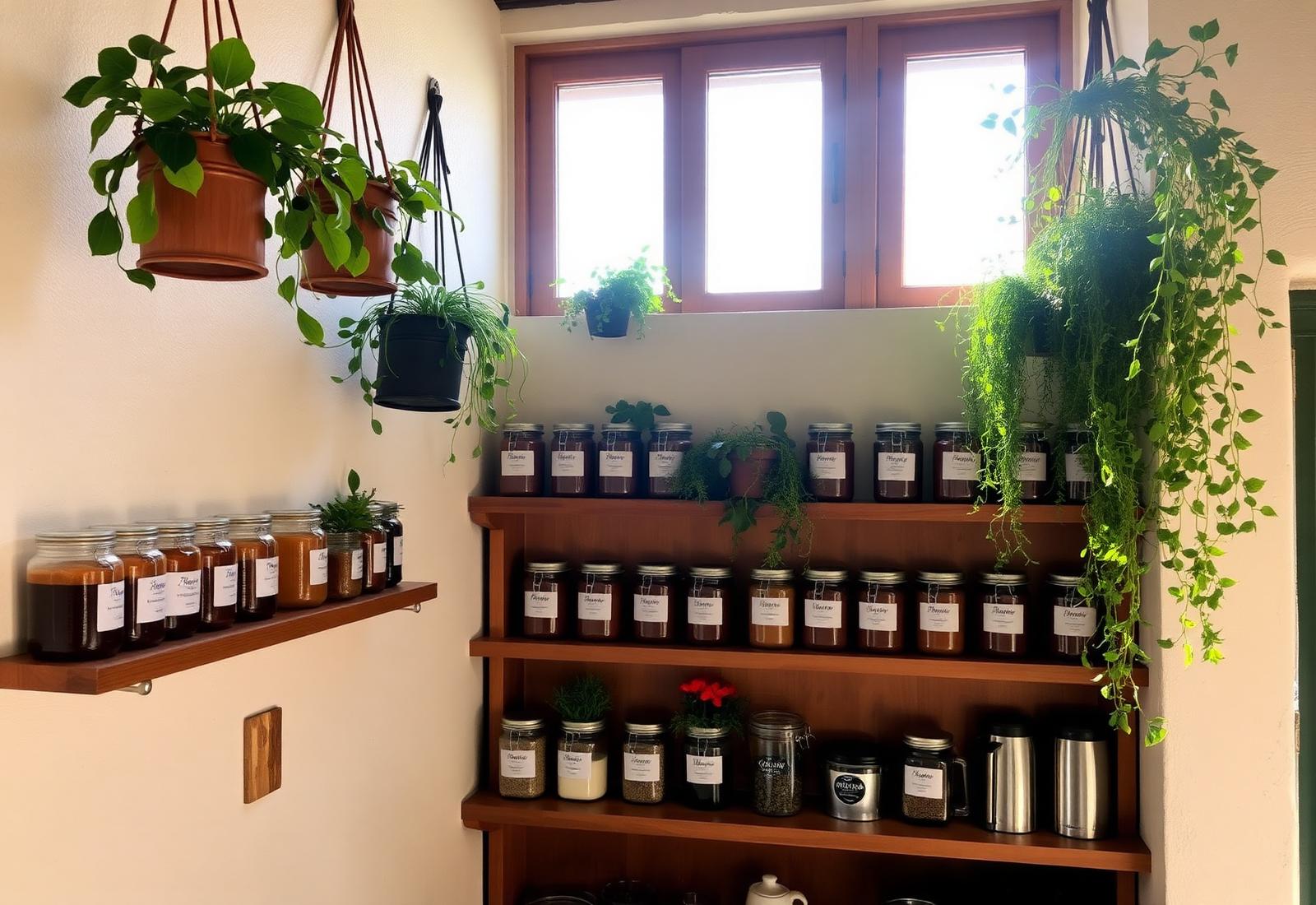 Interior of the coffee shop with hanging plants, wooden shelves and jars of pantry goods