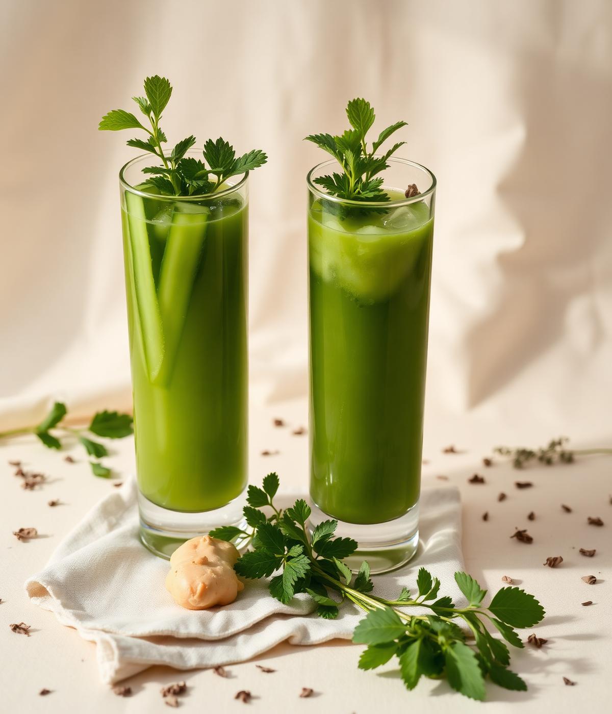 Two glasses of green herbal cold-pressed juice with mint garnish