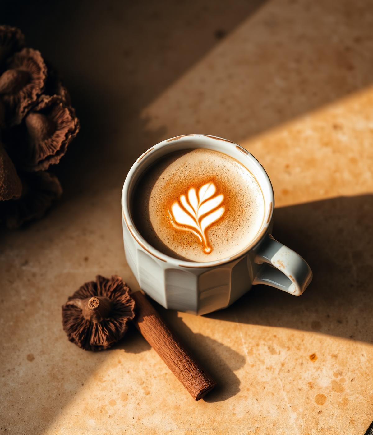 Mushroom coffee latte with leaf art and dried lion's mane mushroom